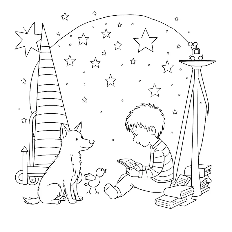 Colouring page: Buzz Pawldrin and a boy reading under the stars
