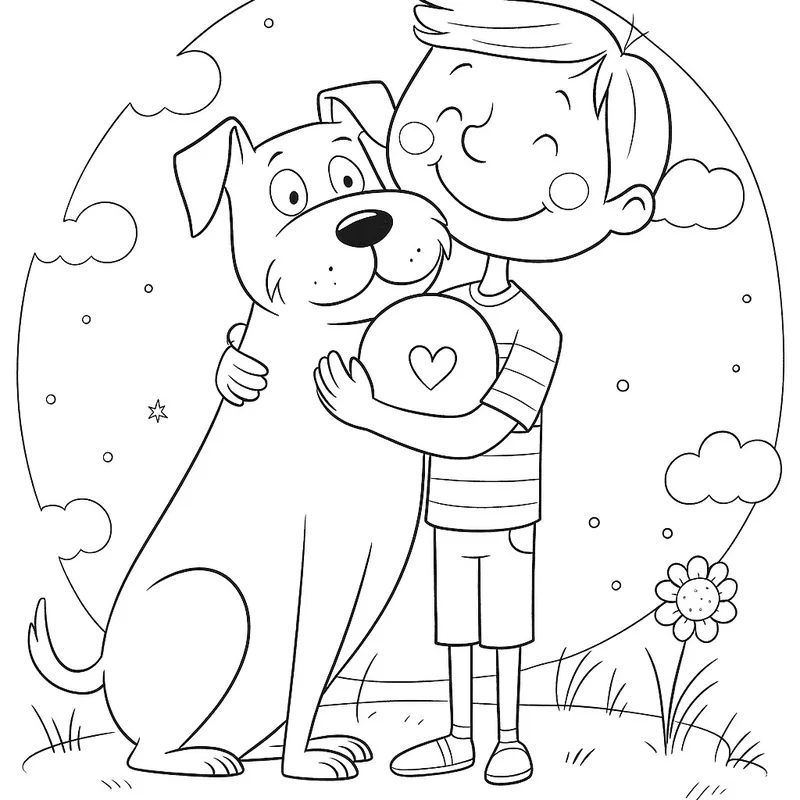 Colouring page of a child hugging a dog