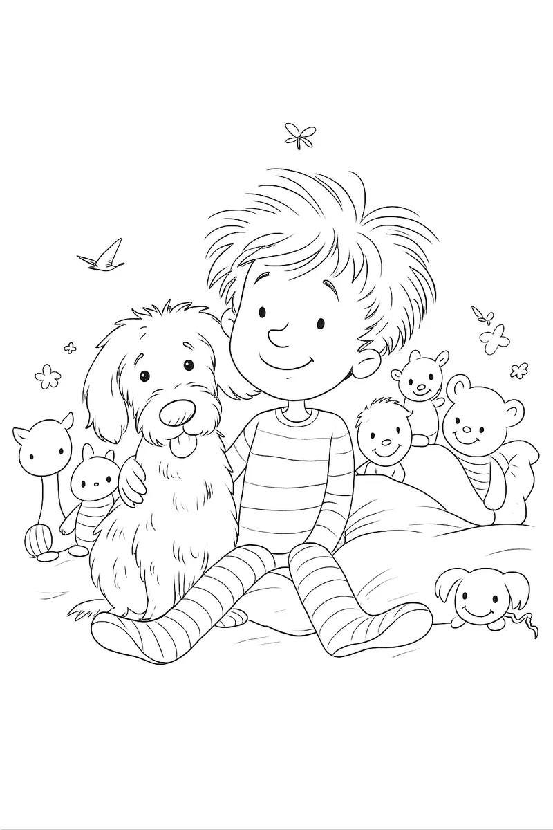 Colouring page: a child with a dog and friends