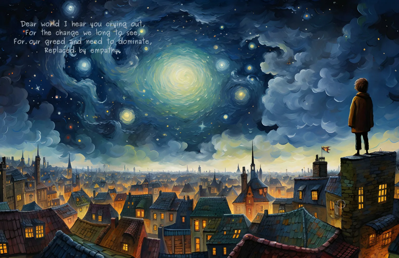 A luminous night sky above the rooftops, from Dear World