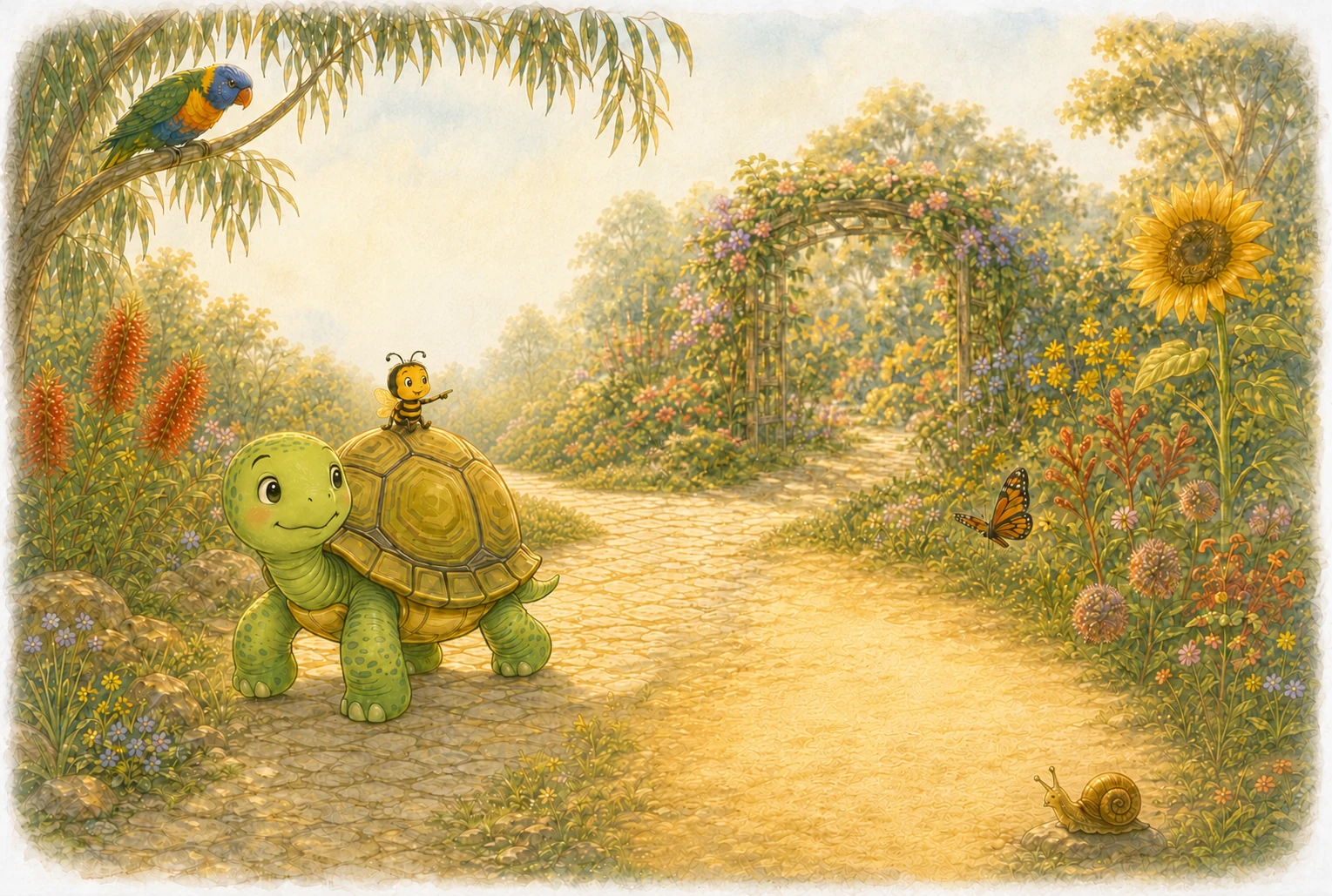Izzy the bee and Myrtle Turtle exploring a garden full of flowers