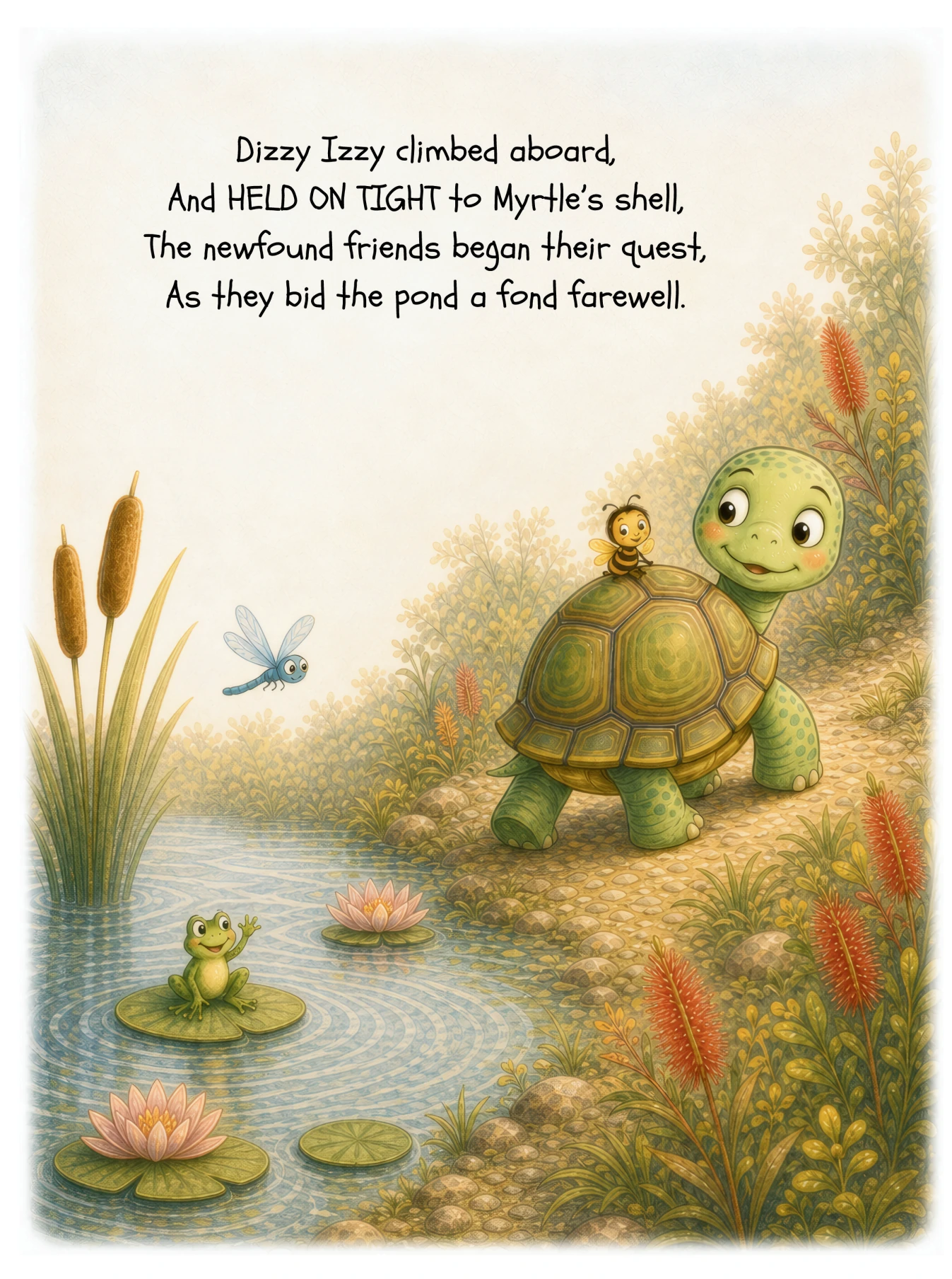 Book sample: Izzy climbs onto Myrtle’s shell and they leave the pond together.