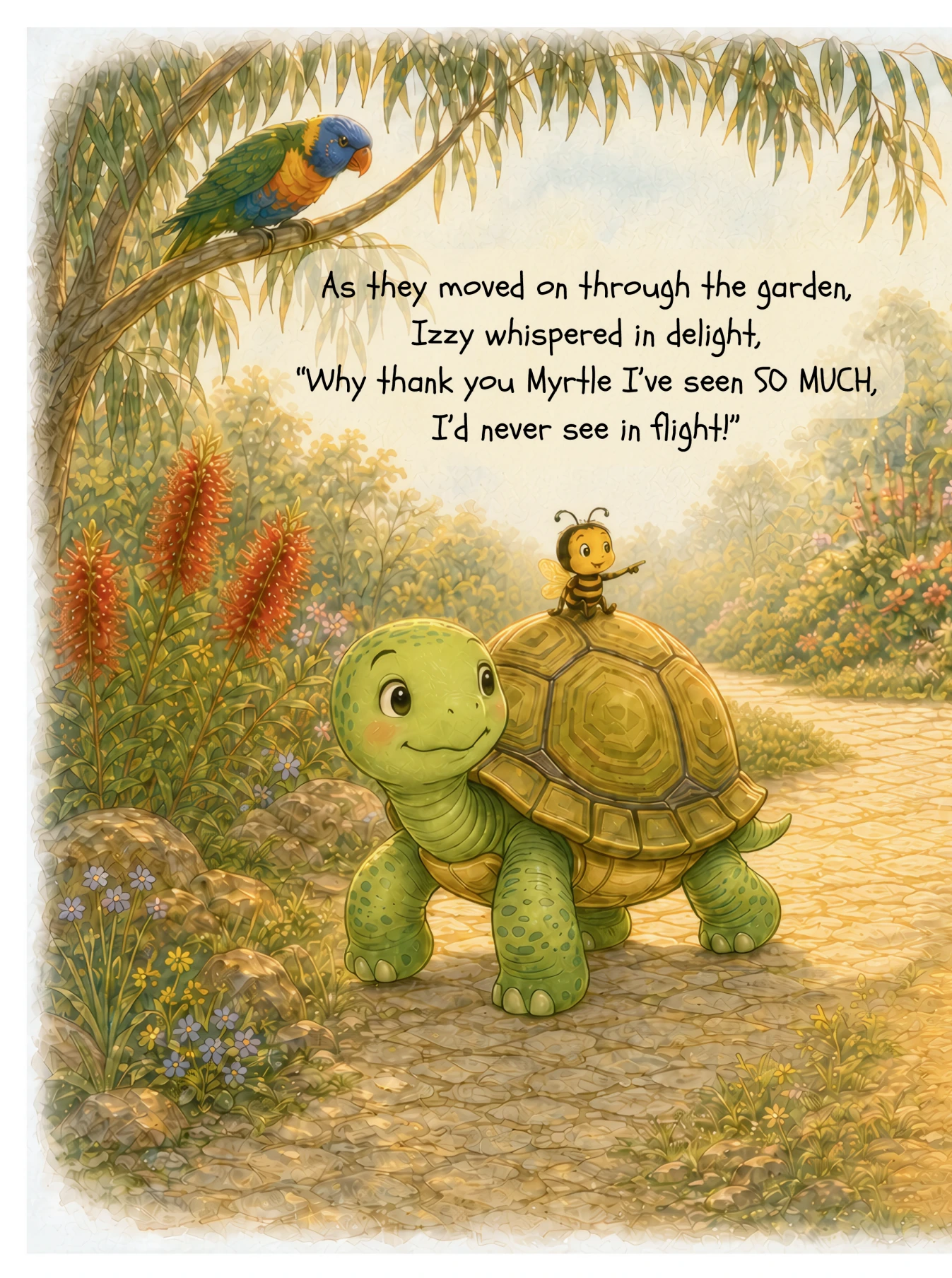 Book sample: Izzy and Myrtle discover the garden together beneath a colourful lorikeet.
