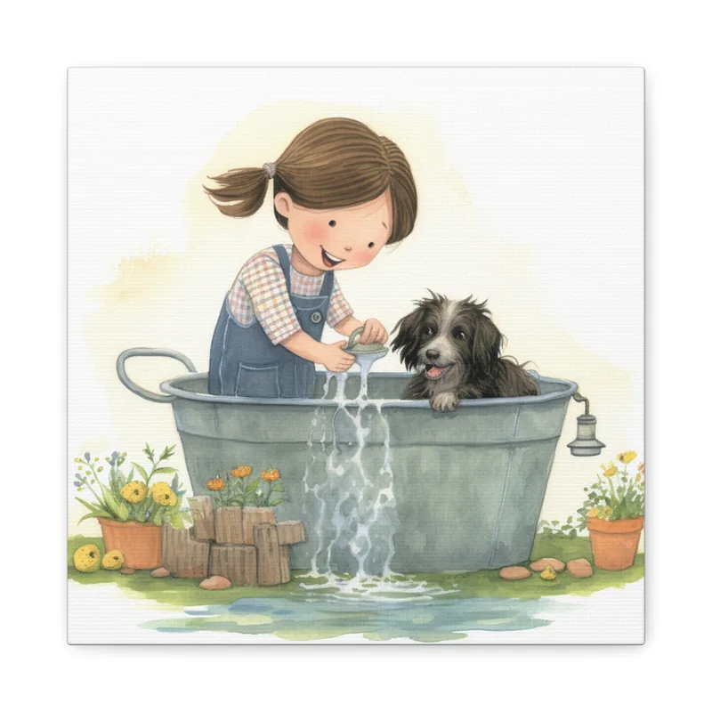 My dog loves to have a bath!, canvas gallery wrap